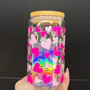 Heart Patterned Glass Cup with Bamboo Lid